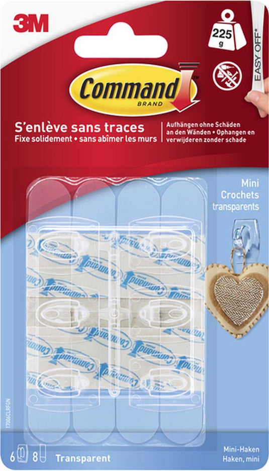 3m command™ doorzichtige mini haken met doorzichtige strips, 6hks+8s pk