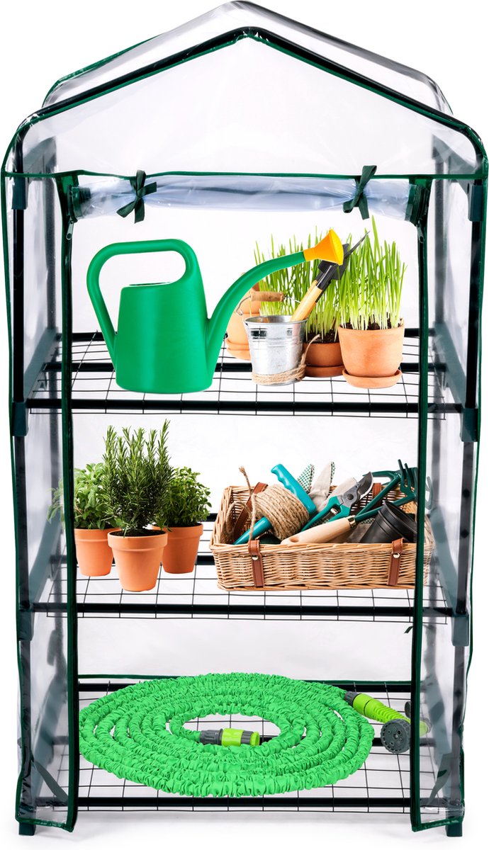 Afbeelding laden in galerijviewer, Kinzo kweekkas - broeikas tuinkas 69x49x125 cm - kweekbak met 3 verdiepingen - transparant broeikast design met ritssluiting - broeikas kweekkas voor groenten kweken - groen
