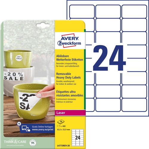 Avery zweckform avery herkleefbare polyester etiketten 63,5x33,9mm wit