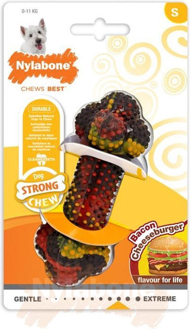 Nylabone strong kauwbot met bacon cheeseburgersmaak - voor sterke kauwers - small - geschikt voor kleine hondjes tot 11 kg - small