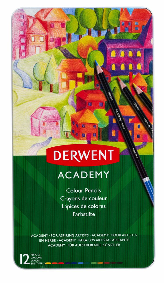 Derwent academy kleurpotloden in blik - geassorteerde kleuren - set van 12 kleurpotloden