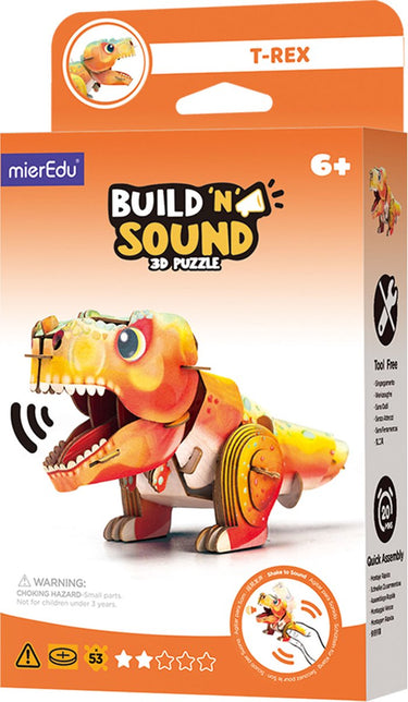 Mieredu 3d puzzel build sound: dino tyrannosaurus rex 15,6x6,8x8,16cm, met geluid, werkt op 1 knoopcel batterij cr2032 (inbegrepen), in doos 10,8x3,5x19,4cm, 6+