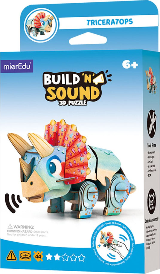 Mieredu 3d puzzel build sound: dino triceratops 13,03x6,64x7,24cm, met geluid, werkt op 1 knoopcel batterij cr2032 (inbegrepen), in doos 10,8x3,5x19,4cm, 6+