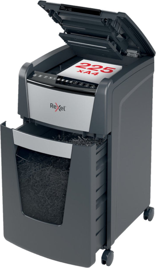 Rexel optimum autofeed+ 225m fluisterstille papierversnipperaar - p5 microsnippers - automatische invoer tot 225 vel - 60l - zwart