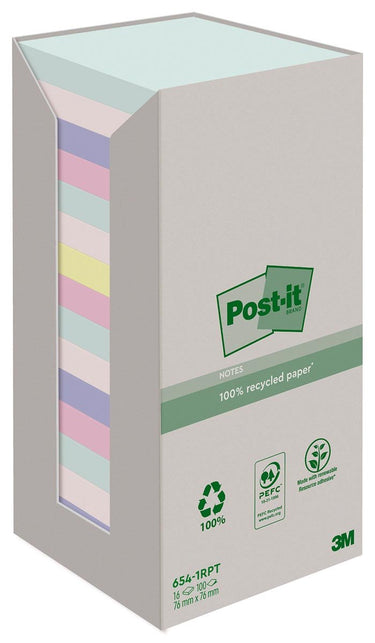 Post-it recycled notes sticky notes post-it recycled 76 x 76 pk 16 karton kleurenassortiment