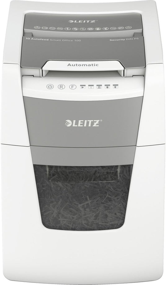 Leitz iq autofeed 100+ small ofice stille papierversnipperaar p5 - micro snippers - tot 100 vel - 34l - wit