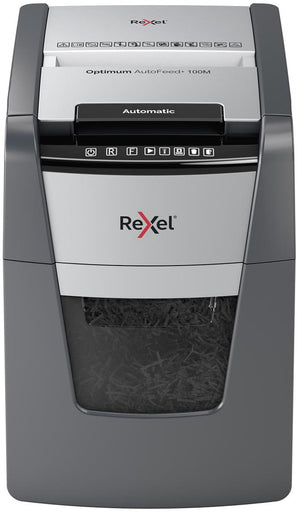 Rexel optimum autofeed+ 100m fluisterstille papierversnipperaar - p5 microsnippers - automatische invoer tot 100 vel - 34l - zwart