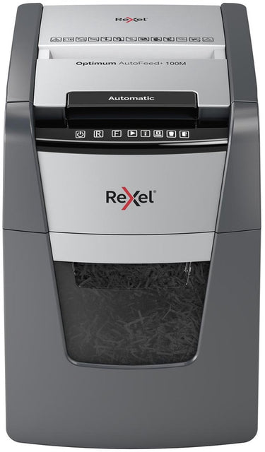 Rexel optimum autofeed+ 100m fluisterstille papierversnipperaar - p5 microsnippers - automatische invoer tot 100 vel - 34l - zwart