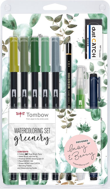 Tombow watercoloring set - greenery - 5 abt dual brush pennen - waterbrush - fineliner - gum