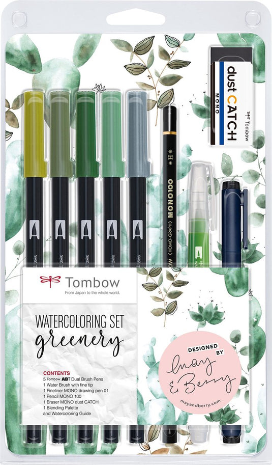 Tombow watercoloring set - greenery - 5 abt dual brush pennen - waterbrush - fineliner - gum