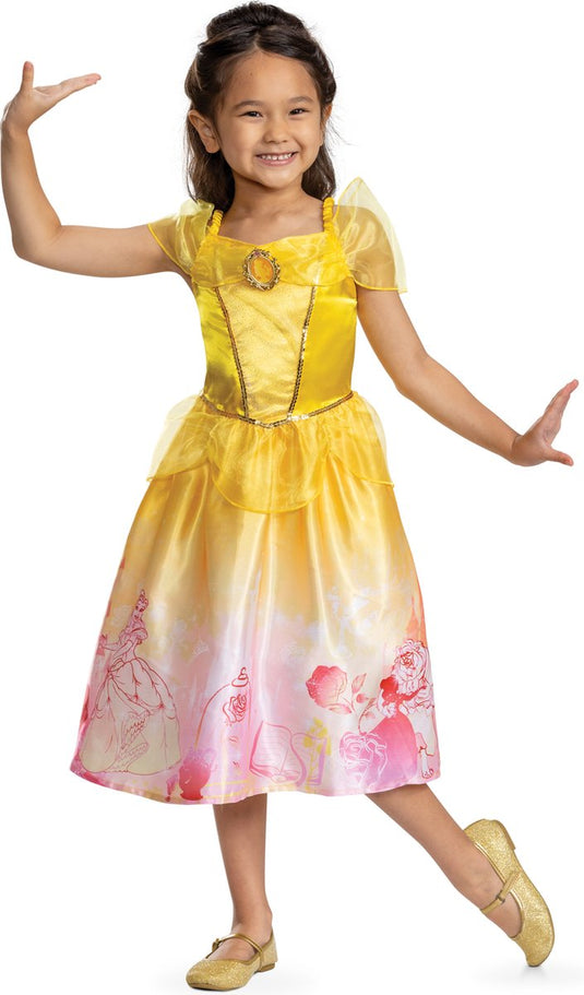 Disguise disney prinses - beauty the beast, belle verhalenboek jurk classic, maat m (7-8 jaar), meisjes
