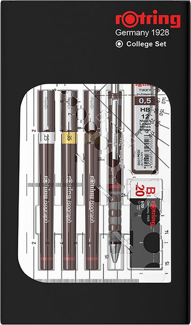 Rotring isograph-pennenset technische pen en vulpotlood collegeset | 3 fineliners (0,25 mm, 0,35 mm, 0,5 mm) en mechanisch vulpotlood (0,5 mm) plus accessoires | 9 stuks