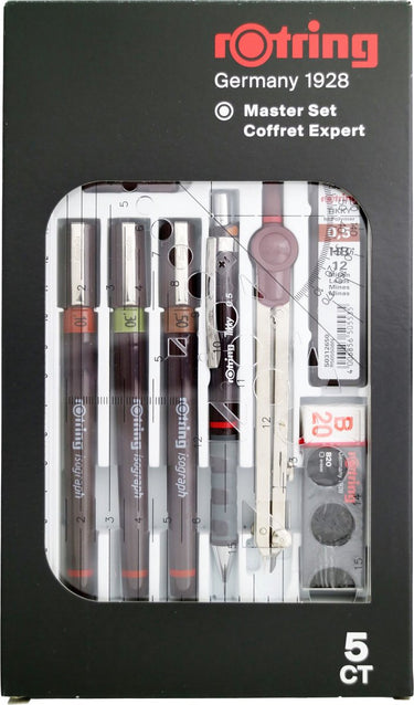 Rotring isograph-pennenset technische pen en vulpotlood masterset | 3 fineliners (0,1 mm, 0,3 mm, 0,5 mm), vulpotlood (0,5 mm) en kompas, plus accessoires | 10 stuks