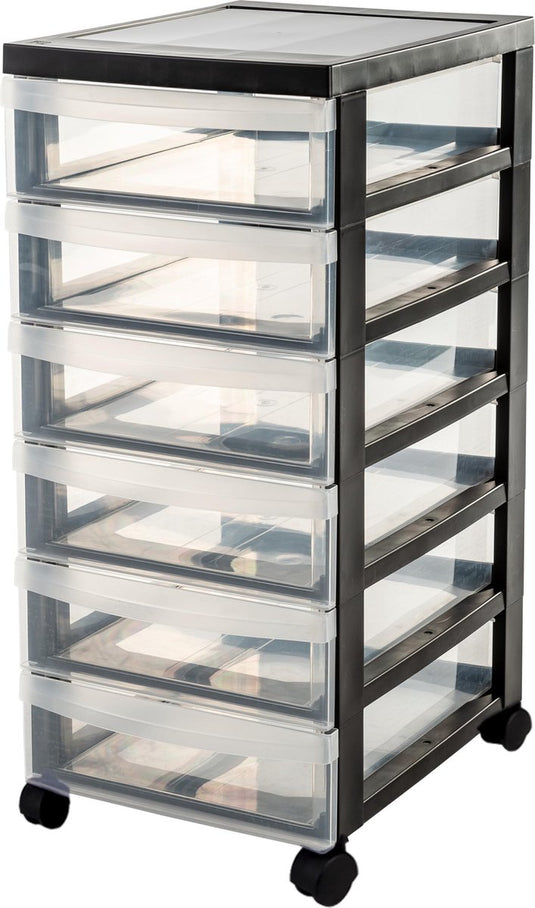 Iris design chest ladekast - 6 ondiepe lades - 6 x 7.5l - kunststof - zwart transparant - met wielen