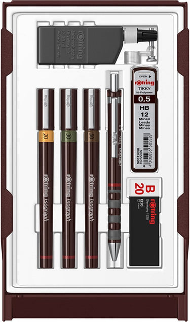Rotring isograph-pennenset technische pen en vulpotlood collegeset | 3 pennen (0,2 mm, 0,3 mm, 0,5 mm) en mechanisch vulpotlood (0,5 mm) plus accessoires | 9 stuks