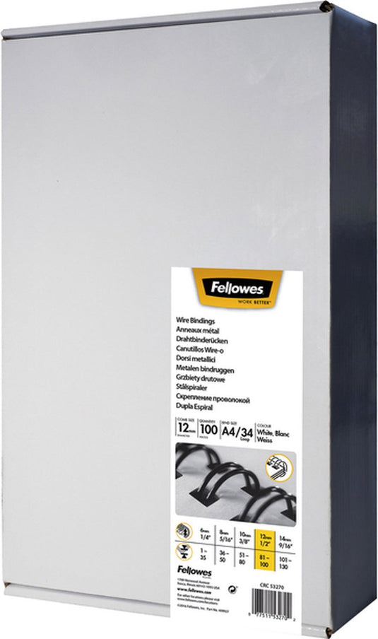 Fellowes bindring - metalen bindruggen - 12 mm - tot 100 vel - 34-rings - a4 - wit - 100 stuks