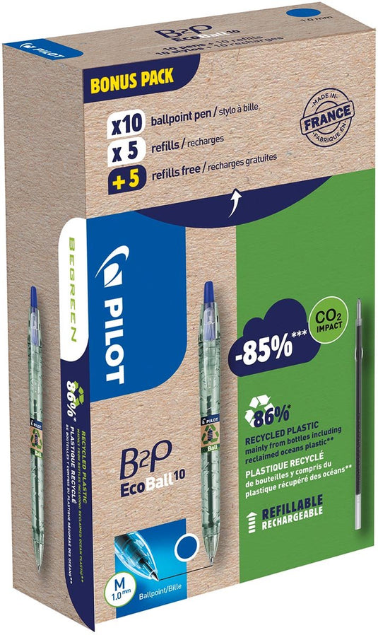 Pilot ecoball b2p begreen balpen | medium punt | 0 | 3 mm 10 stuks + 10 vullingen | blauw