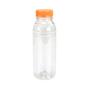 Fles transparant pet 330 cc + oranje dop (175 stuks)