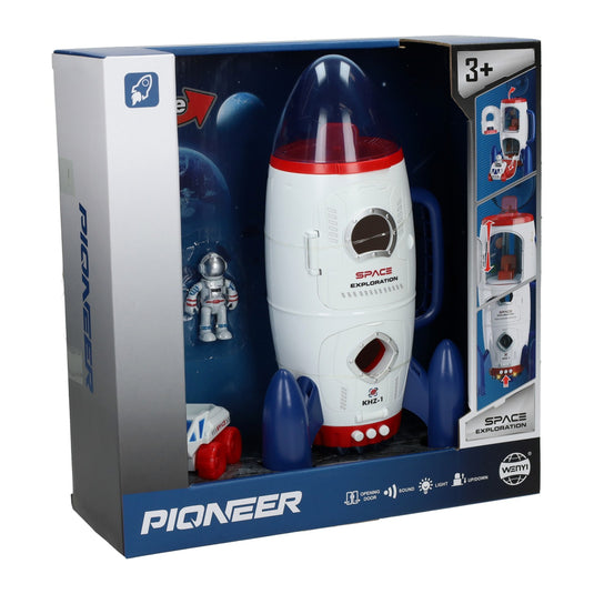 Ruimteraket met ruimtevoertuig en astronaut licht en geluid, 3dlg.