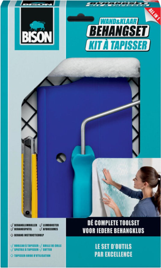 Bison wand klaar® 5-delige behangset inclusief lijmrooster, behanglijmroller, behangspatel, afbreekmes, instructiehulp, geschikt voor alle soorten behang