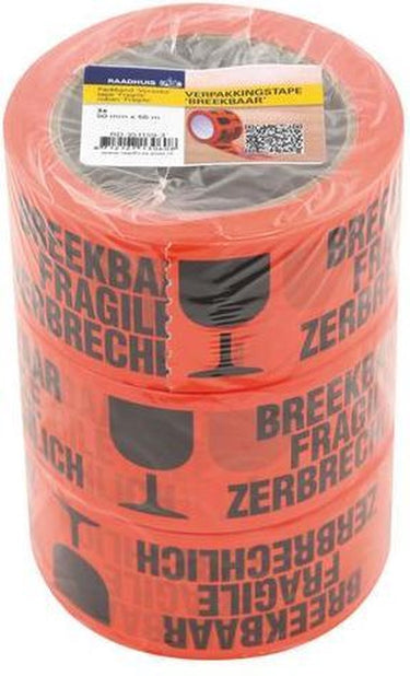 Raadhuis verpakkingstape - 50mmx66m - oranje - tekst: breekbaar - 3 rol - rd-351159-3