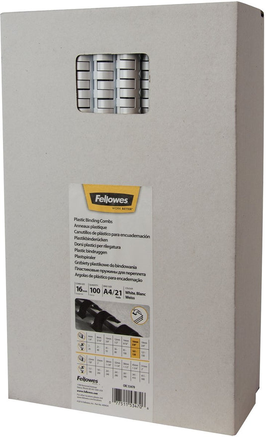 Fellowes bindruggen 16 mm wit, 100 stuks