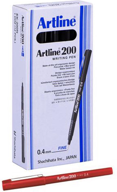 Artline 200 stift - doos van 12 stuks - 0,4mm lijndikte - rood