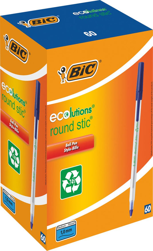 Bic round stic ecolutions balpen - blauw - doos van 60 stuks - medium punt 1 mm