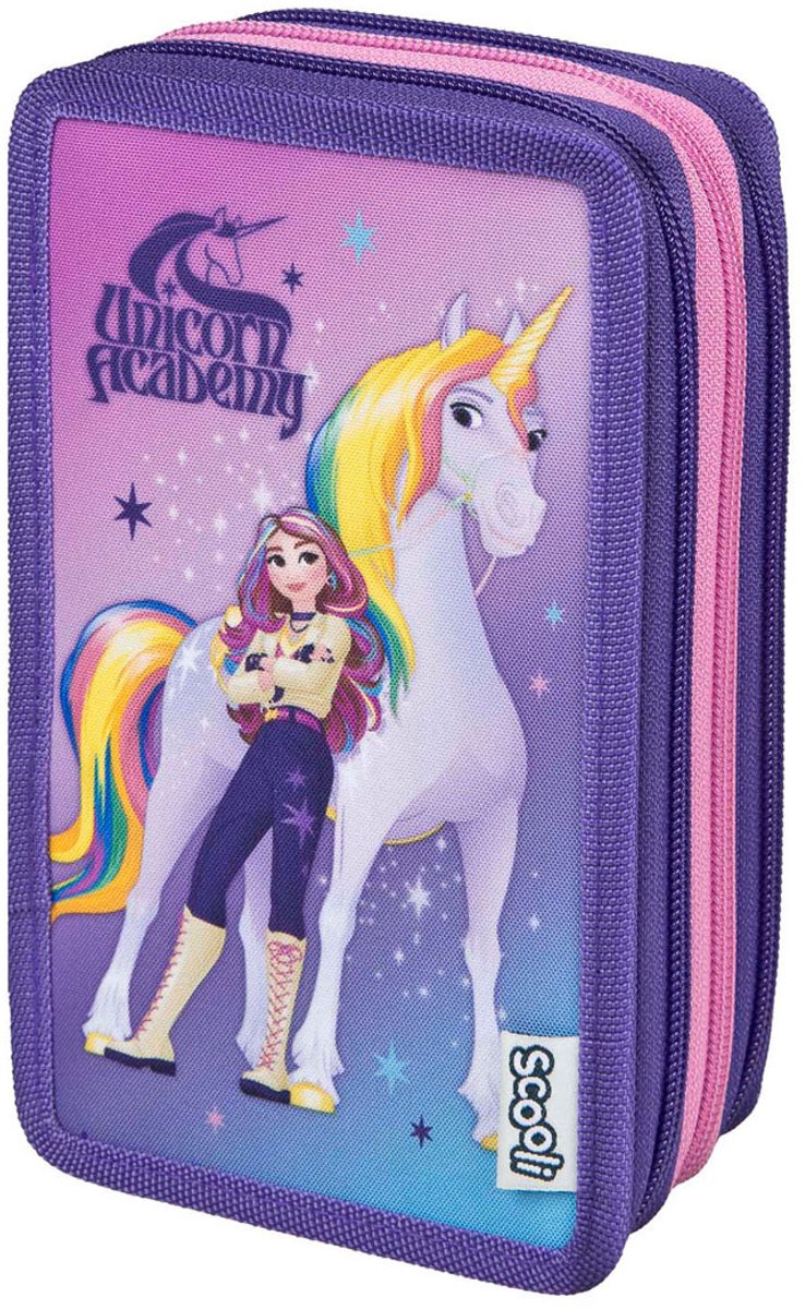 Afbeelding laden in galerijviewer, Undercover etui unicorn academy paars - 3 vakken gevuld schoolset.
