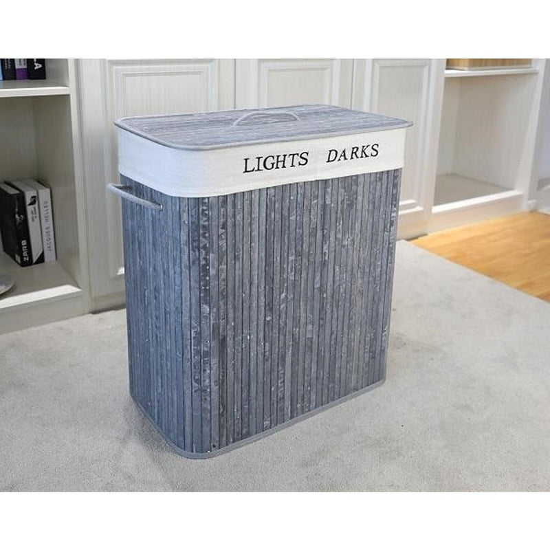 Load image into Gallery viewer, Homestyle pro rechthoekige bamboe wasmand + tekst 52x32x63 cm grijs wit

