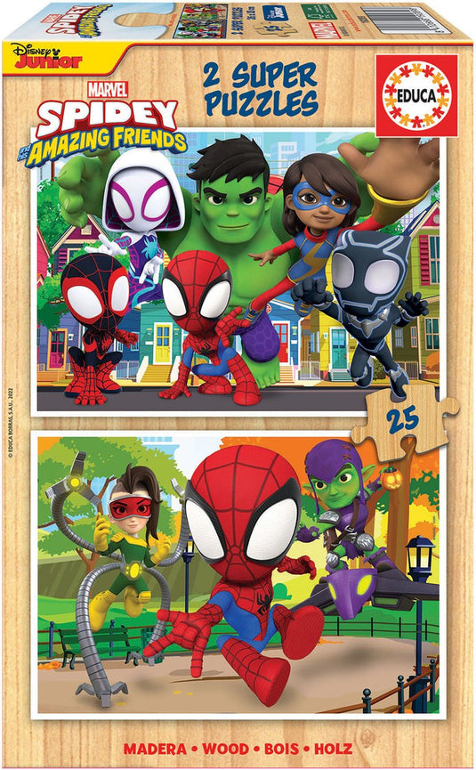 Educa - puzzel spidey his amazing friends - hout - 2x25 stukjes - legpuzzel voor kinderen.