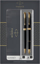 Parker sonnet duo geschenkset met balpen en vulpen (18-karaats gouden punt) | glanzend zwart met gouden trim | zwarte inktpatronen en navullingen