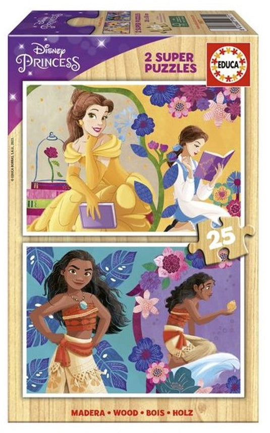 Educa houten puzzel disney princess bella en vaiana 2x25 stukjes.