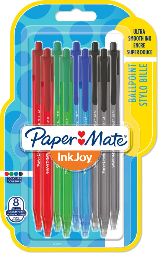 Paper mate inkjoy 100rt intrekbare balpennen | medium punt (1,0 mm) | zwart, blauw, rood en groen | 8 stuks