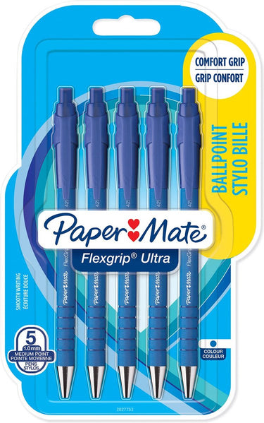 Paper mate flexgrip ultra-balpennen met drukknop | medium punt (1,0 mm) | blauwe inkt | 5 stuks