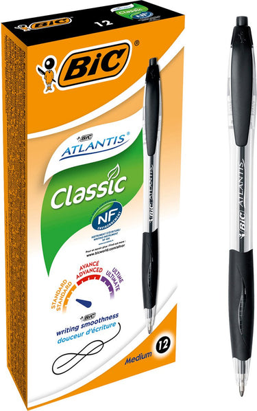 Bic atlantis classic balpennen met kliksysteem - zwart - doos van 12 stuks - medium punt 1 mm