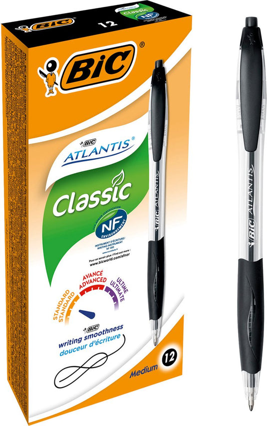 Bic atlantis classic balpennen met kliksysteem - zwart - doos van 12 stuks - medium punt 1 mm