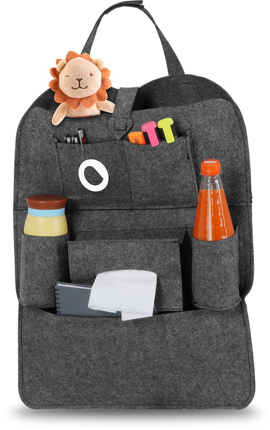 Lionelo organizer – autostoel accessoire kinderwagen organizer – 2-in-1 rugleuningbeschermer opbergsysteem – 7 vakken – universele bevestiging met klittenband – vilt – veilig praktisch