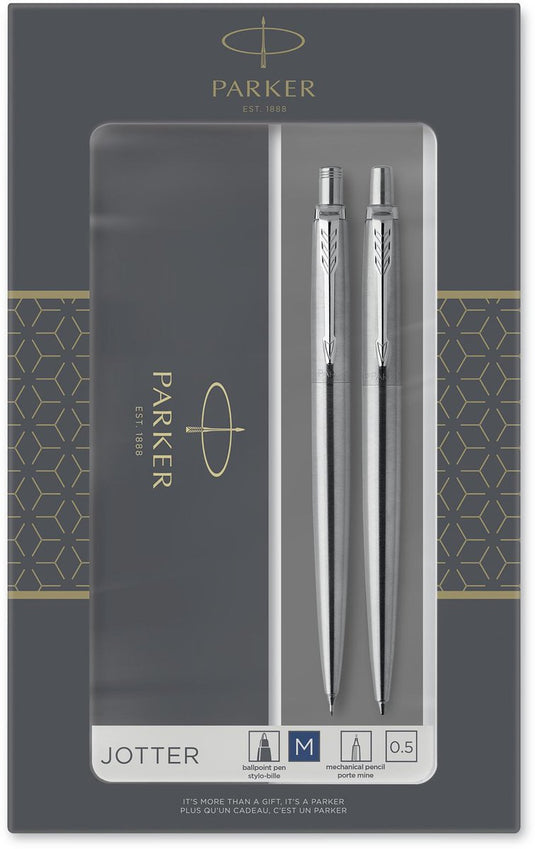 Parker jotter duo geschenkset balpen en vulpotlood (0.5mm) - blauwe inkt - roestvrij staal met chromen afwerking