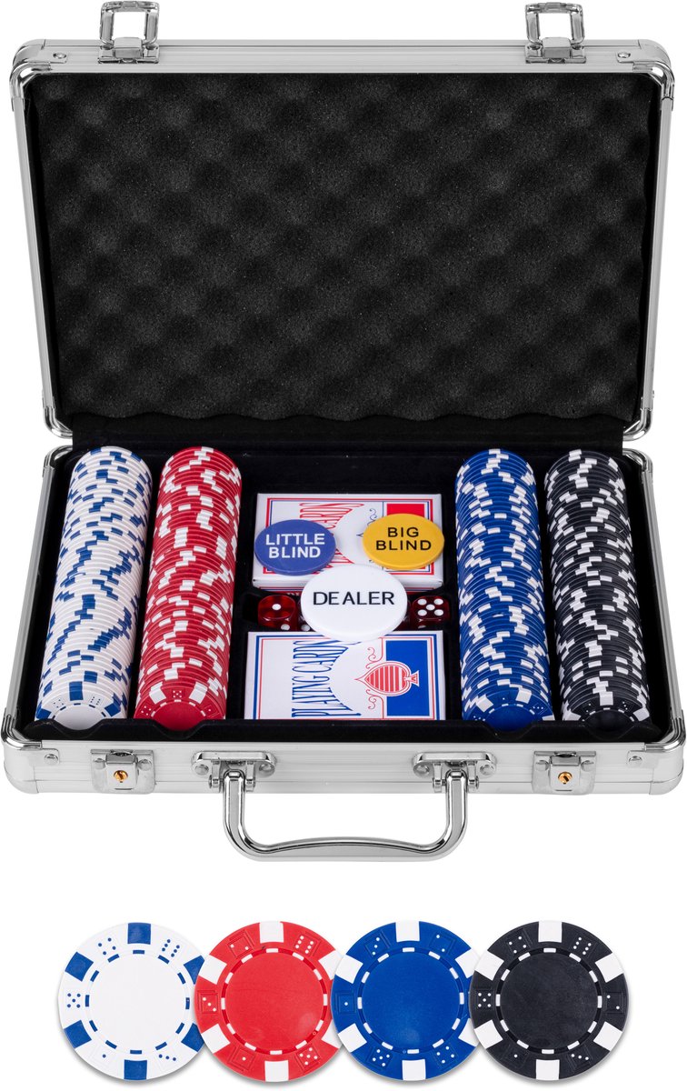 ギャラリービューアに画像をロードする, Longfield pokerset in zilveren koffer met 200 chips – compleet met kaarten, dealer buttons dobbelstenen – engelhart
