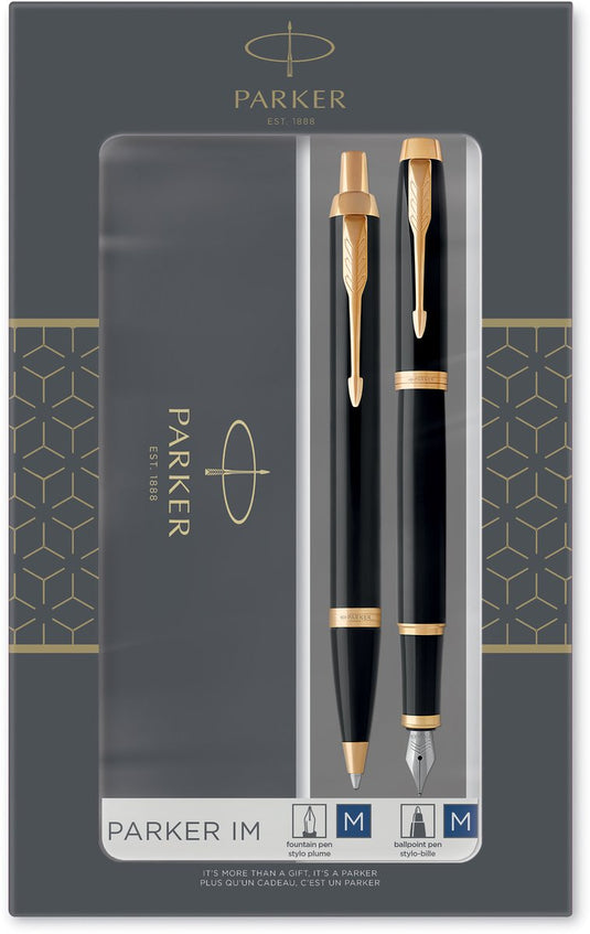 Parker im duo geschenkset met balpen en vulpen | glanzend zwart met gouden rand | blauwe inktvulling en -cartridge | cadeauverpakking