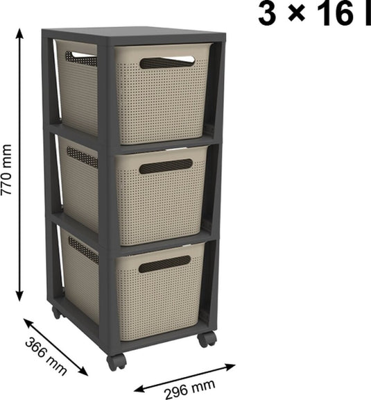 Rotho tower brisen design ladekast 3x16l met wielen cappuccino