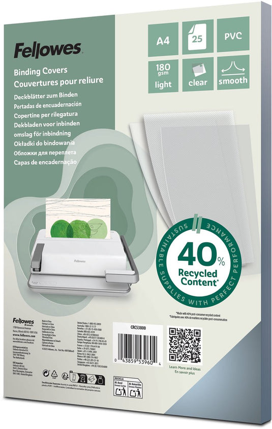 Fellowes schutbladen a4 – 180 micron – transparant pvc covers – 25 stuks – voor inbindmachine