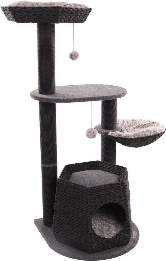 Flamingo krabpaal – berliot zwart – 90 × 65 × 118 cm – papieren krabtouw – met hangmat, ligplateaus schuilplaats – voor katten