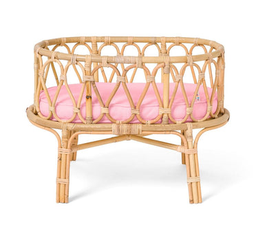 Rotan poppenwiegje met roze matrasje