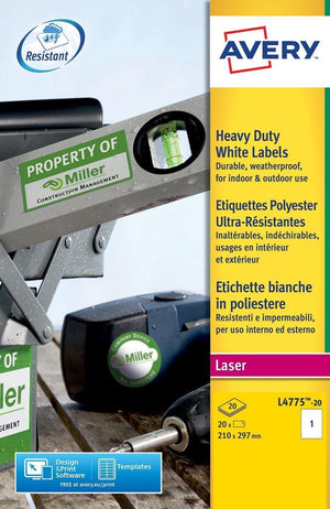 Avery huismerk l4775-20 weerbestendige etiketten 210x297mm wit