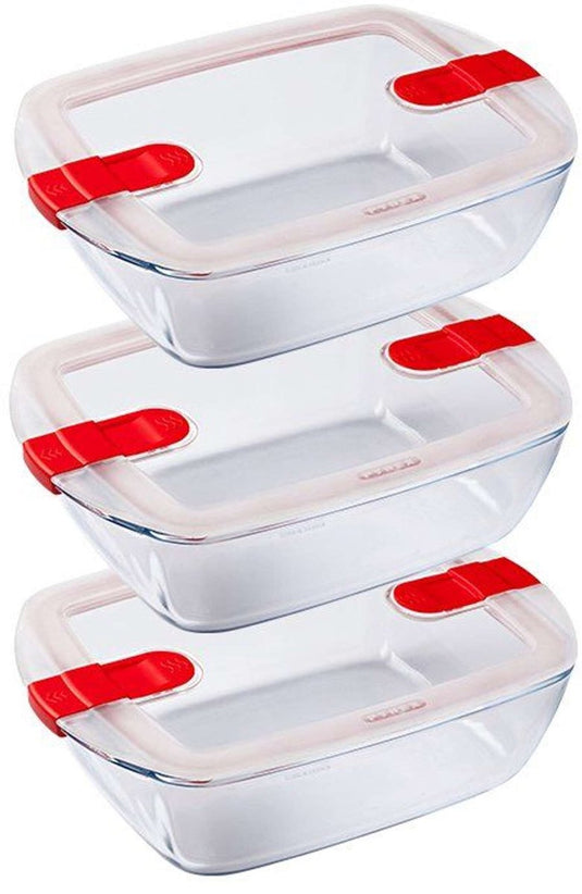 Pyrex - cook heat schaal 1,1 liter rechthoek set van 3 stuks - transparant rood