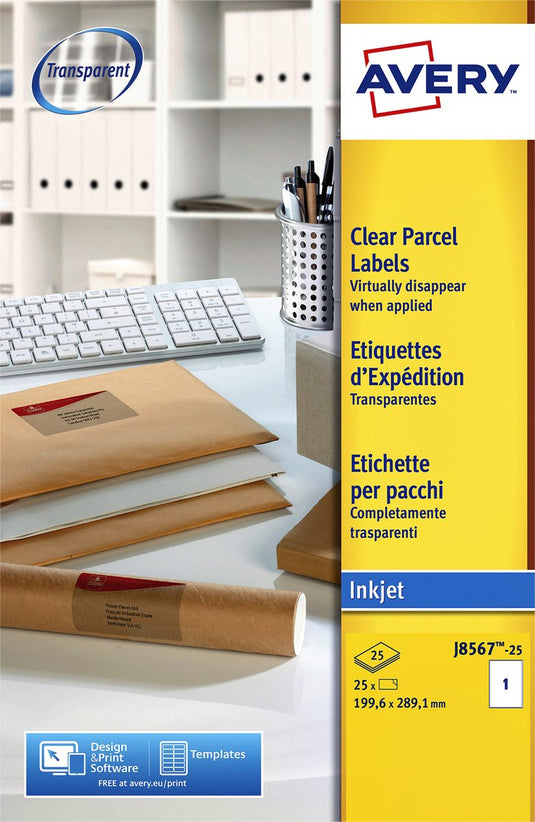 Inkjetetiketten avery j8567-25 210 x 297 mm transparant herplakbaar