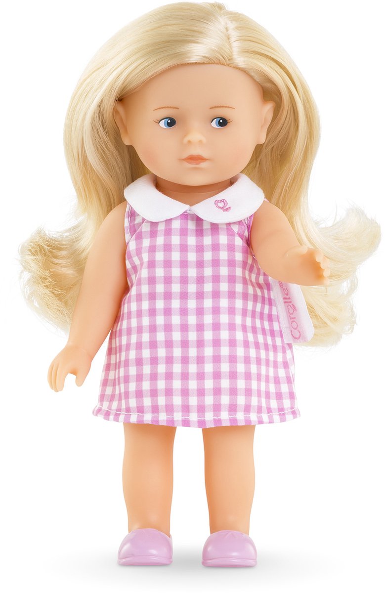 Afbeelding laden in galerijviewer, Corolle babypop mini corolline rosy met roze geruite jurk pop.
