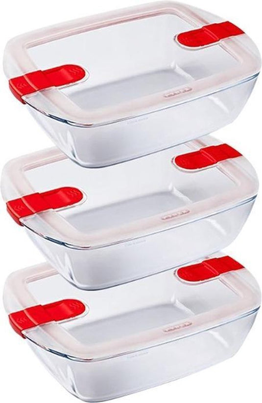 Pyrex - cook heat schaal 1,1 liter rechthoek set van 3 stuks - transparant rood